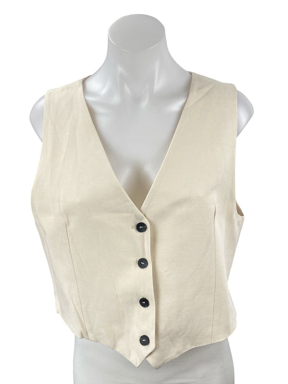 Zara Beige Sleeveless Knit V Neck Button Down Vest Shirt Blouse Crop Top Size L